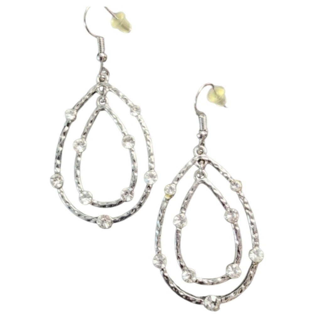Silver Teardrop Dangle Earrings with Crystal Accents